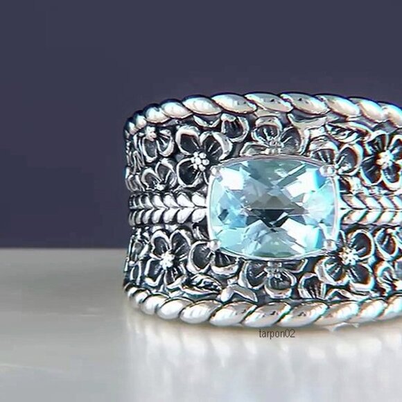 John Hardy JAI Blue Topaz+Floral Textured Saddle Band Sterling Silver Ring-7 NIB - Picture 9 of 15